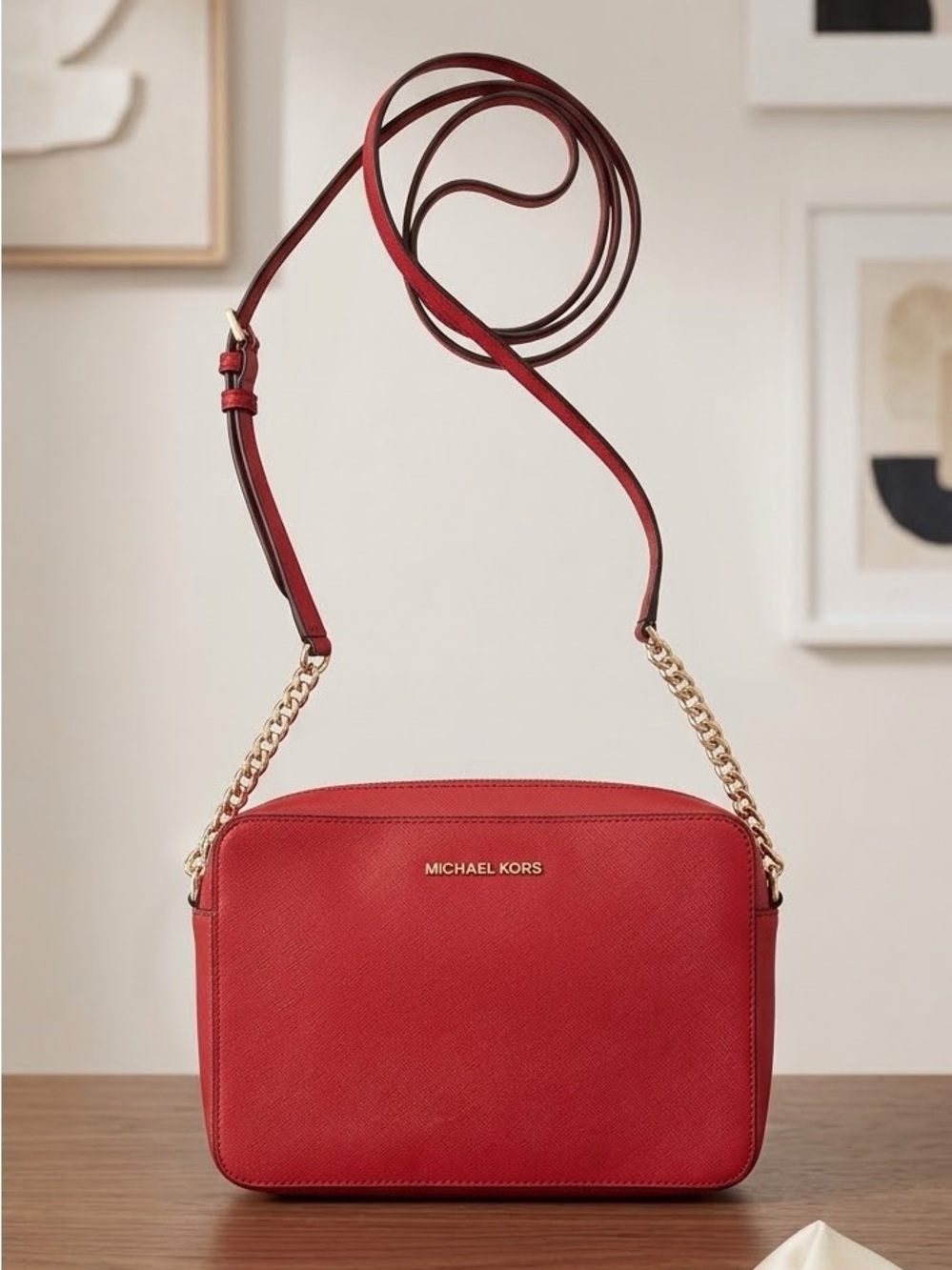 Michael Kors Red Pebbled Leather Crossbody with Gold Chain